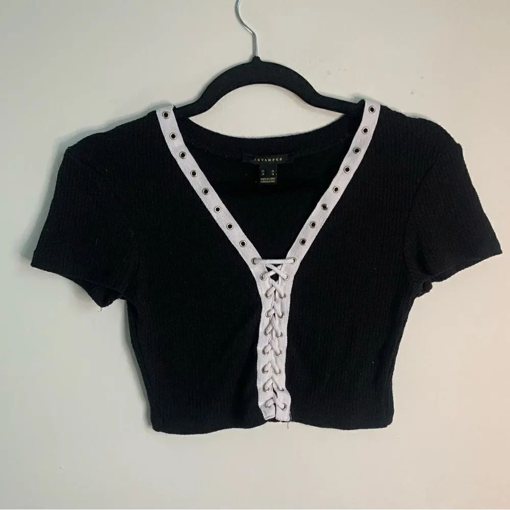 Revamped Black Knit Lace Up Crop Top Size Small